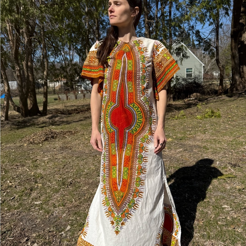 Bohemian vintage 60s cotton dashiki Maxi Dress handmade kaftan